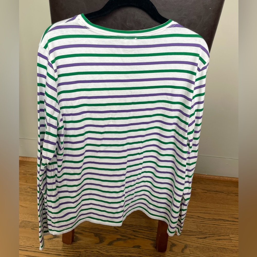 Kule The Modern Long-sleeve Tee. White w/ purple and green stripes. Size Large. - Picture 3 of 5